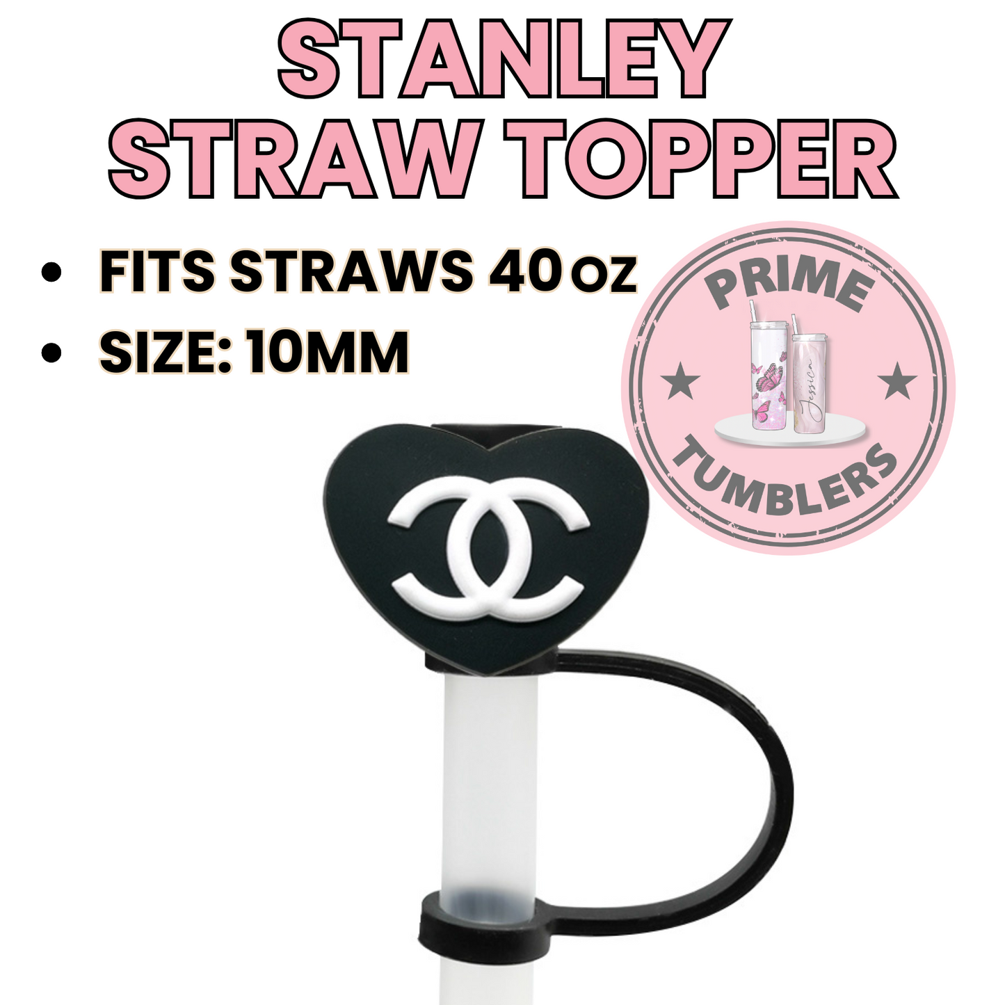 Chanel black HEART 40oz Straw Toppers