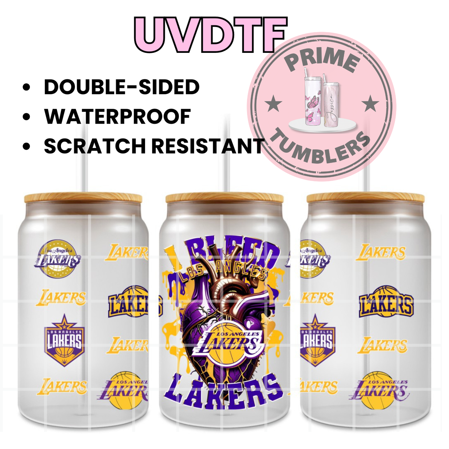 Los Angeles Lakers NBA Ready-to-press UVDTF Transfers, Cup wrap decals, Tumbler prints, 16oz Libbey Glass UV STICKERS Basketball