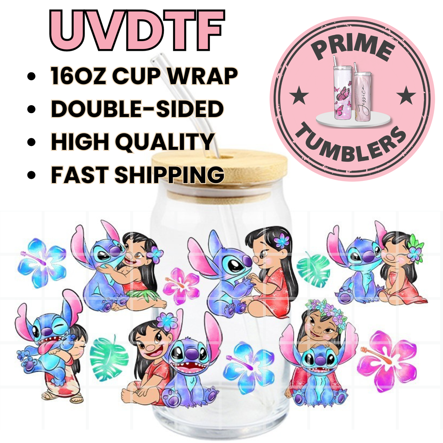 Disney's Lilo & Stitch 16oz Libbey Glass Cup Wrap UVDTF, Ready to apply decal STICKERS hibiscus flowers and Hawaiian Ohana pink blue