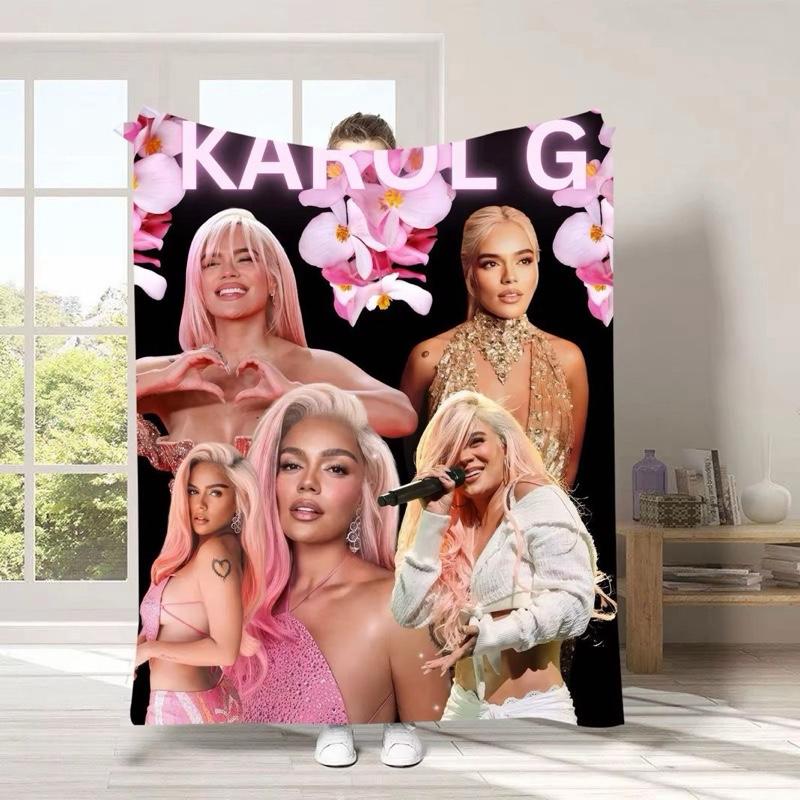 Cobija Karol G Edizione Fan Soft and Stylish Pink Design Featuring Iconic Images and Floral Accents