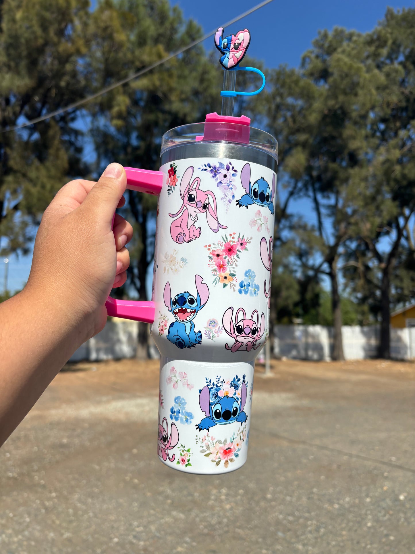 Stitch and Angel pink 40oz Tumbler STANLEY Dupe cup