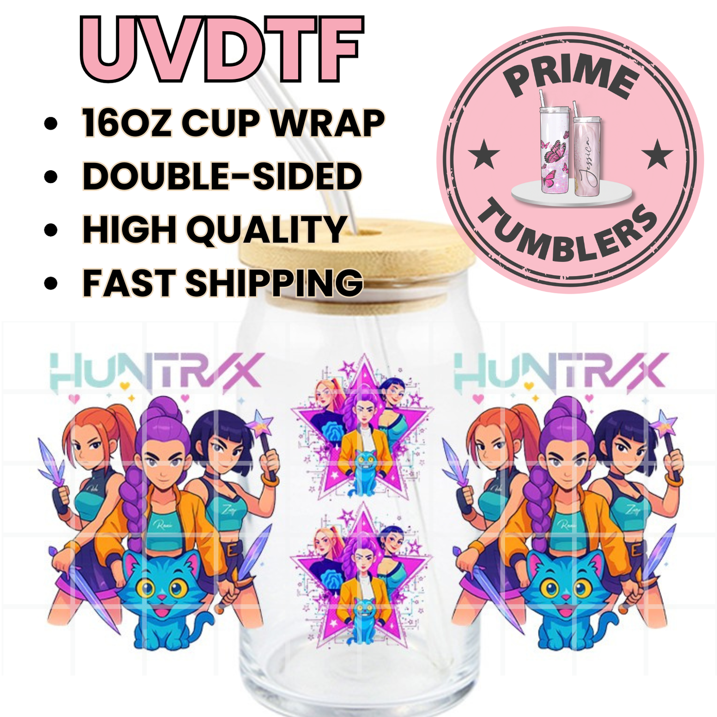 K-pop HUNTR/X animated KPop Demon Hunters Mira, Rumi, and Zoey Ready-to-press UVDTF Transfers, Cup wrap decals, Tumbler prints, 16oz Libbey Glass UV STICKERS Huntrix