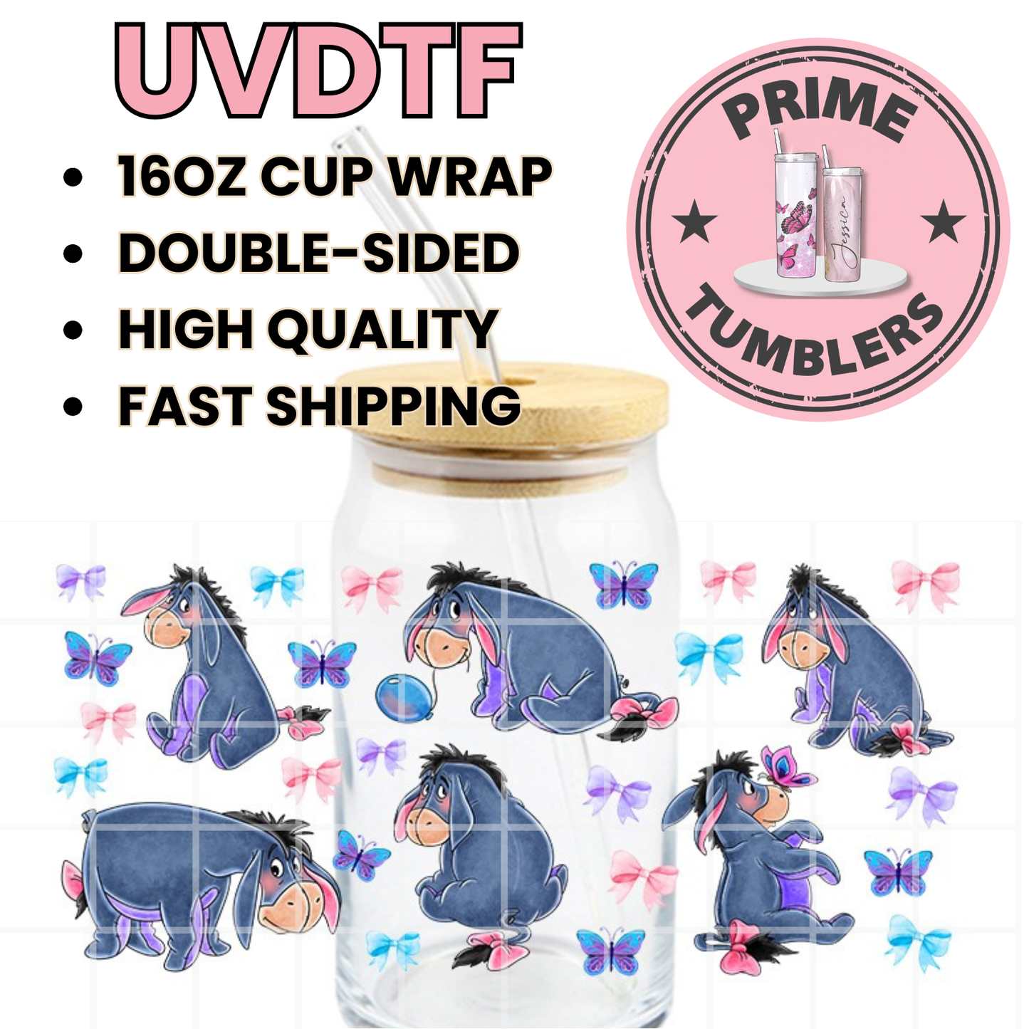 DISNEY Eeyore bow butterfly 16oz UVDTF cup wrap, ready to apply STICKERS Disneyland