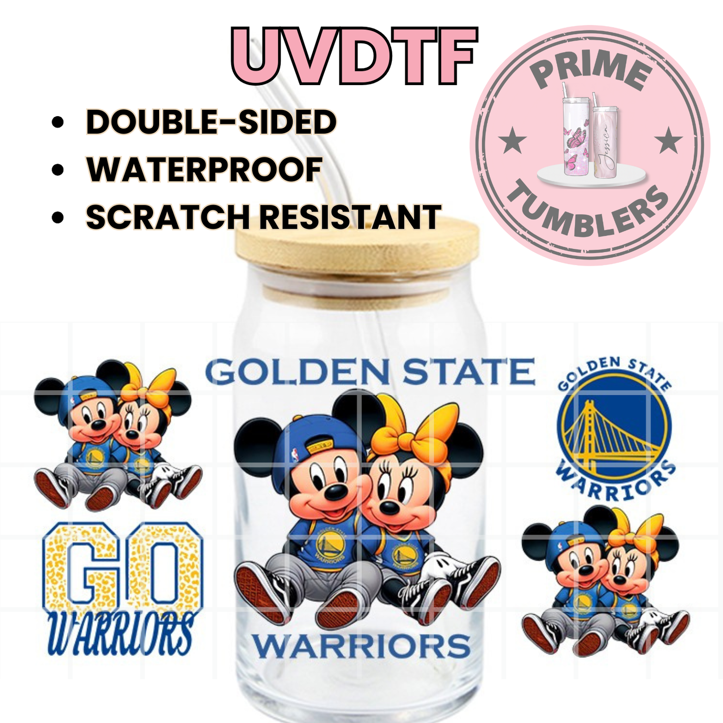 Mickey and Minnie Mouse GOLDEN STATE WARRIORS Ready-to-press UVDTF Transfers, Cup wrap decals, Tumbler prints, 16oz Libbey Glass UV STICKERS Basketball