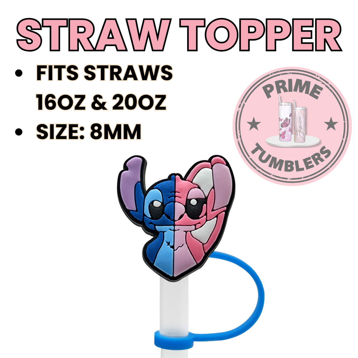 Stitch and Angel 8MM Straw Topper (Regular Size) – Silicone Straw Cover for Tumblers 16oz and 20oz