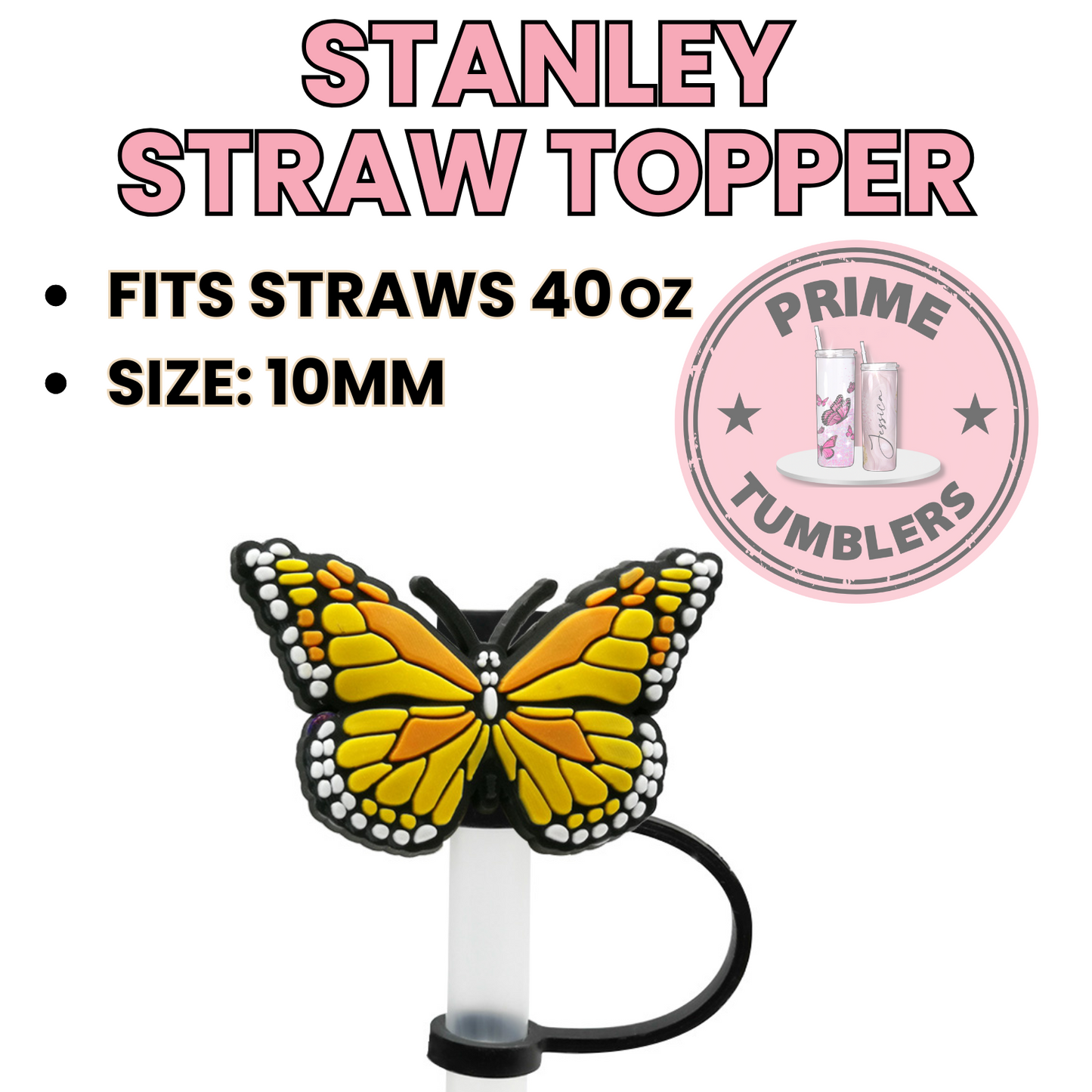 BUTTERFLY yellow 40oz Straw Toppers
