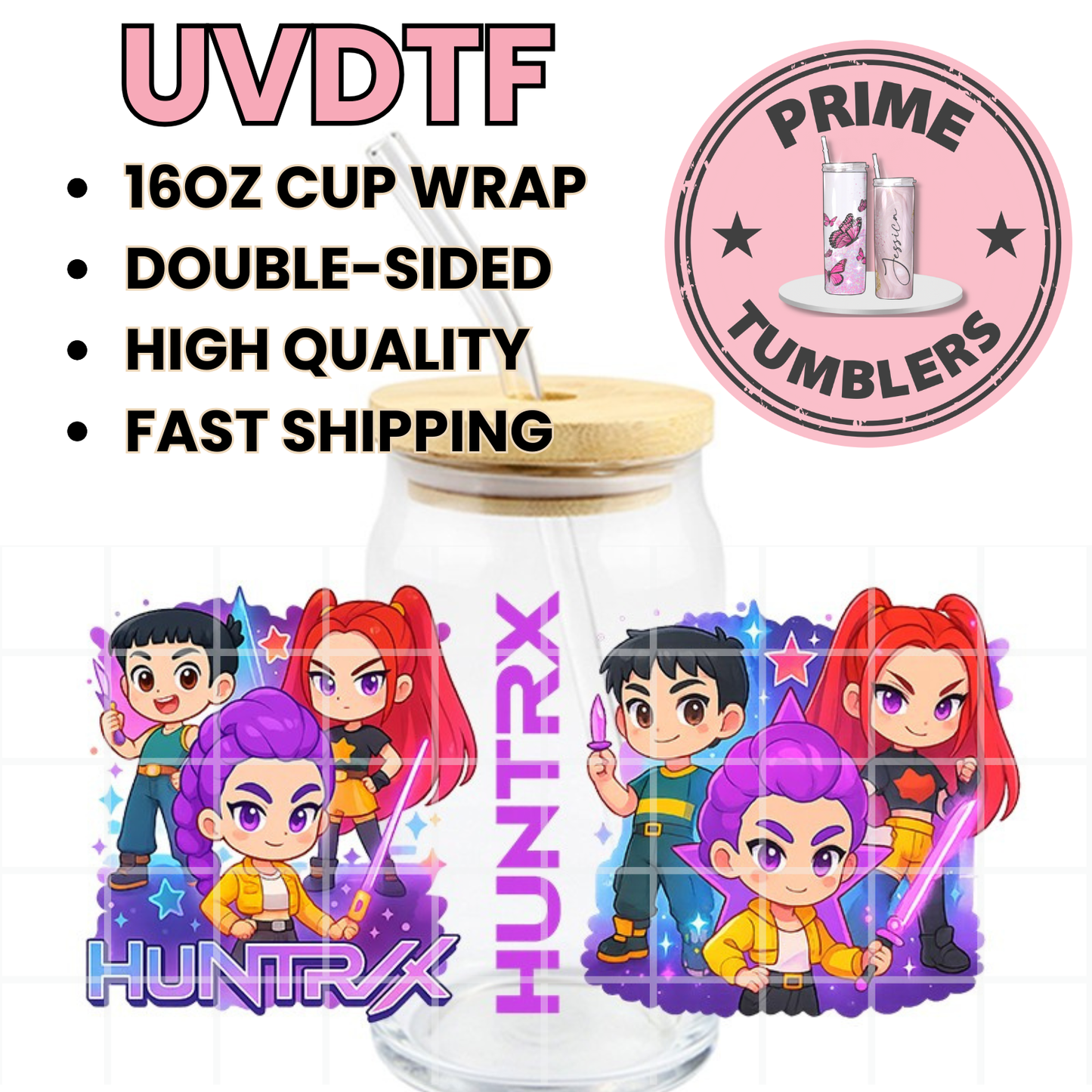 K-pop HUNTR/X animated KPop Demon Hunters Mira, Rumi, and Zoey Ready-to-press UVDTF Transfers, Cup wrap decals, Tumbler prints, 16oz Libbey Glass UV STICKERS purple Hunter