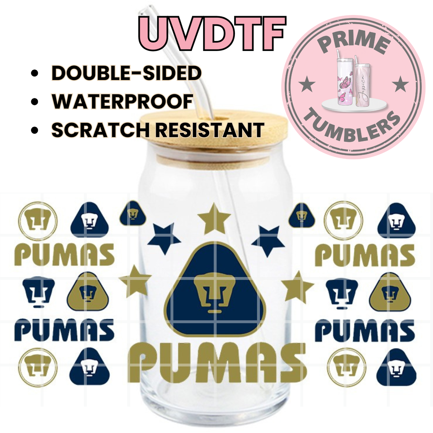 Pumas UNAM soccer Mexico Ready-to-Press UVDTF Transfers, Cup Wrap Decals, Tumbler Prints, 16oz Libbey Glass UV STICKERS