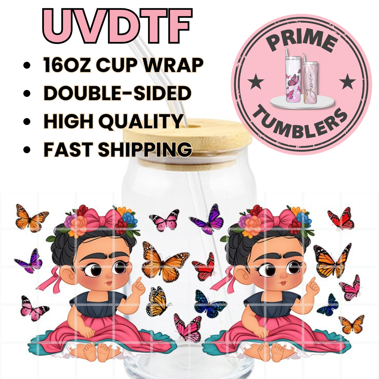 Frida Kahlo Butterfly Ready-to-press UVDTF Transfers, Cup wrap decals, Tumbler prints, 16oz Libbey Glass UV STICKERS butterflies