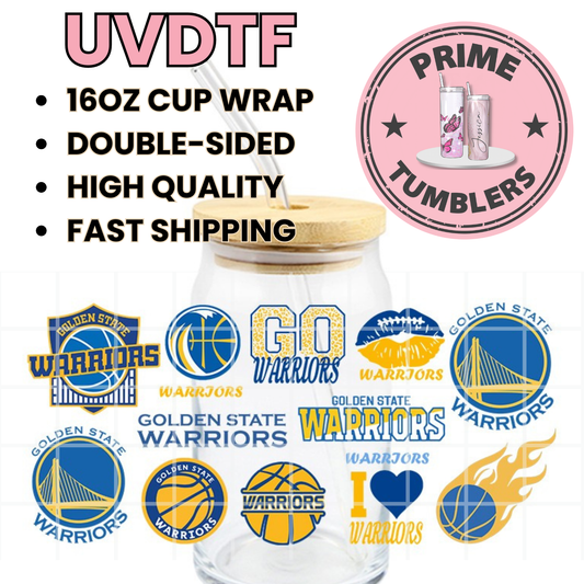 GOLDEN STATE WARRIORS Ready-to-press UVDTF Transfers, Cup wrap decals, Tumbler prints, 16oz Libbey Glass UV STICKERS Basketball blue yellow