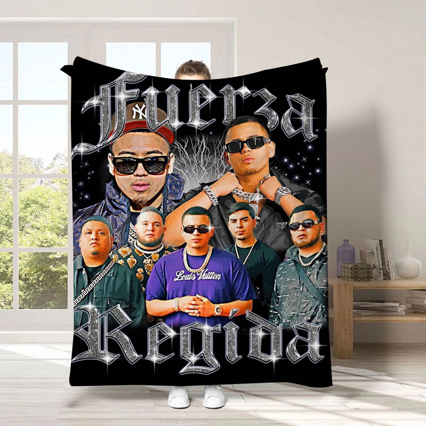American regional Mexican band Fuerza Regida soft throw Blanket Cobija singer Jesús Ortíz Paz, Samuel Jáimez, Khrystian Ramos, José "Pelón" García, and Moisés López