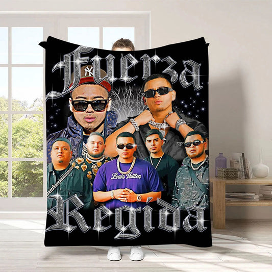 American regional Mexican band Fuerza Regida soft throw Blanket Cobija singer Jesús Ortíz Paz, Samuel Jáimez, Khrystian Ramos, José "Pelón" García, and Moisés López