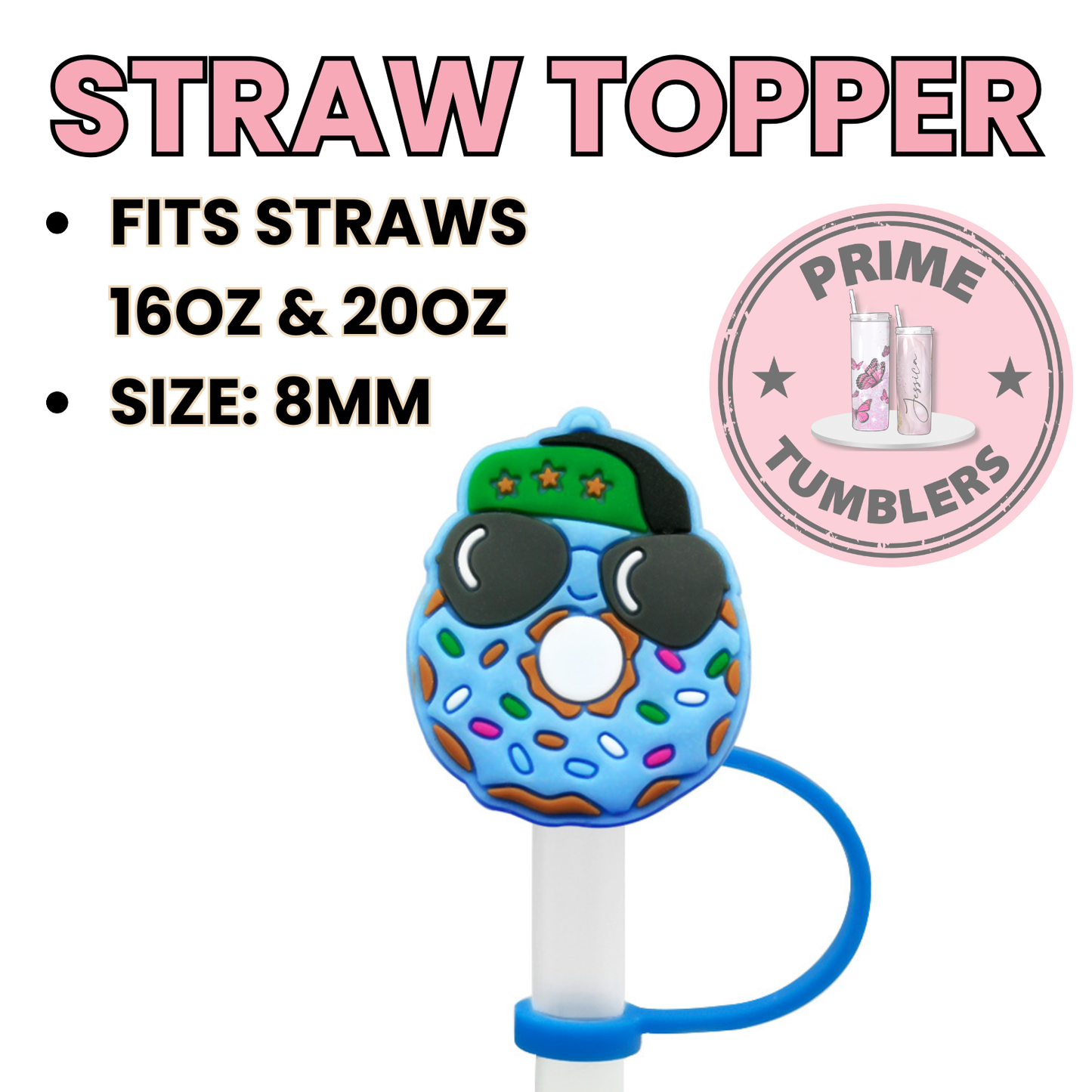 Blue Donut 8MM Straw Topper (Regular Size) – Silicone Straw Cover for Tumblers 16oz and 20oz