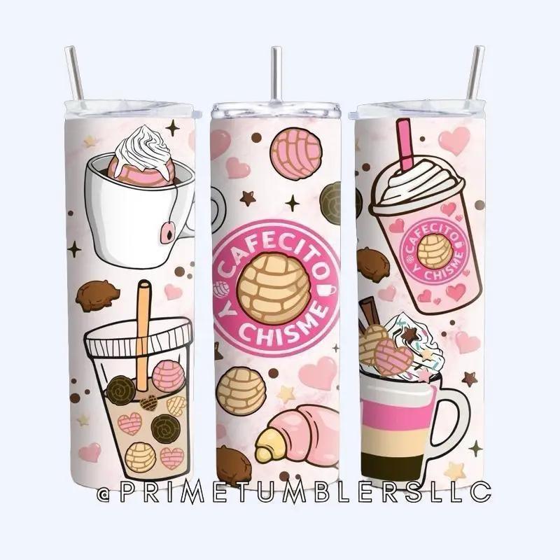 Cafecito & Chisme Tumbler 20oz Stainless Steel Cup with Pan Dulce & Coffee Art Double-Wall Insulated Mug with Clear Lid & Reusable Straw Perfect for Travel & Gifting