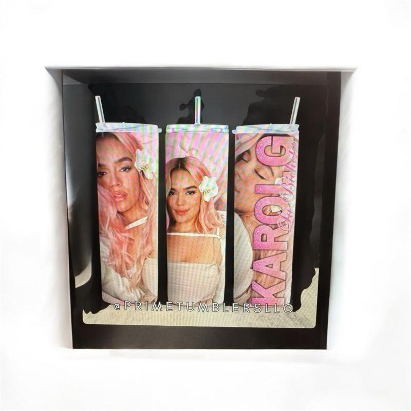 Karol G Pink Vibes Tumbler 20 oz Stainless Steel Insulated Cup with Clear Lid & Metal Straw Urban Beauty Inspired Drinkware