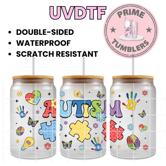AUTISM puzzles heart hand 16oz UVDTF cup wrap, ready to apply STICKERS