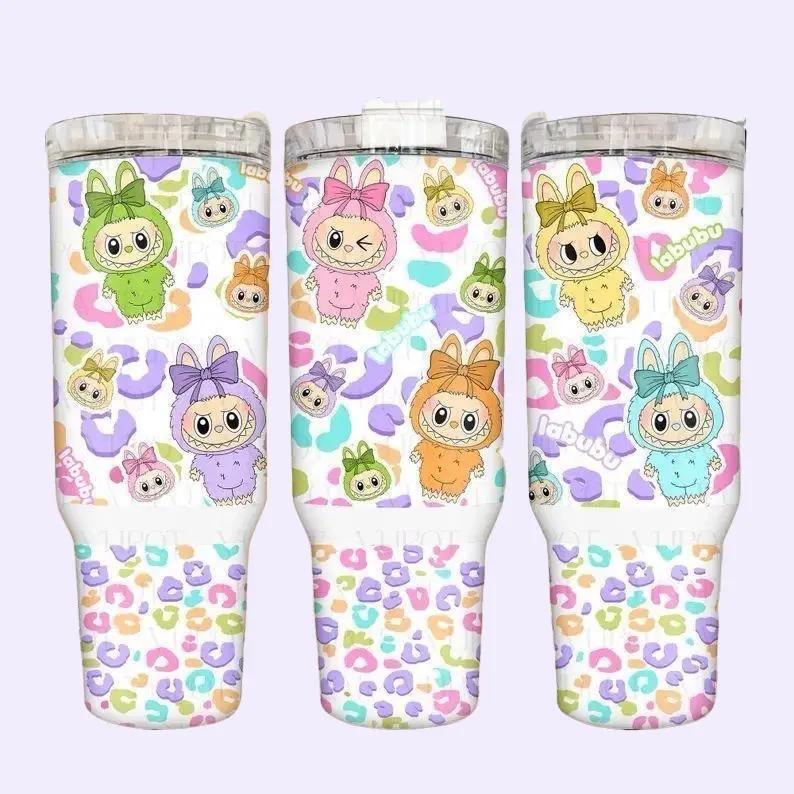Kawaii Pastel Critters Tumbler 40oz Stainless Steel Rainbow Animal Hoodie Edition with Leopard Print BPA-Free Insulated Drinkware