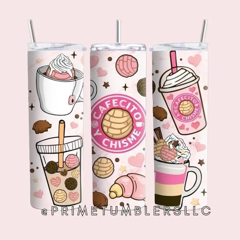 Cafecito & Chisme Tumbler 20oz Stainless Steel Cup with Pan Dulce & Coffee Art Double-Wall Insulated Mug with Clear Lid & Reusable Straw Perfect for Travel & Gifting