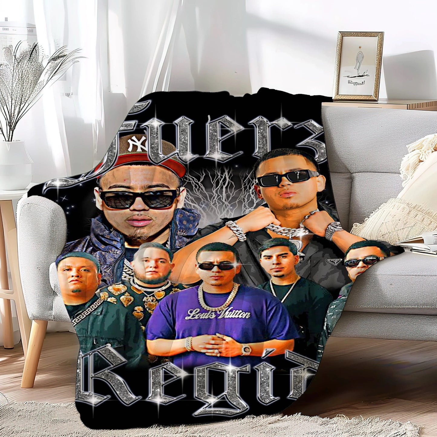 American regional Mexican band Fuerza Regida soft throw Blanket Cobija singer Jesús Ortíz Paz, Samuel Jáimez, Khrystian Ramos, José "Pelón" García, and Moisés López