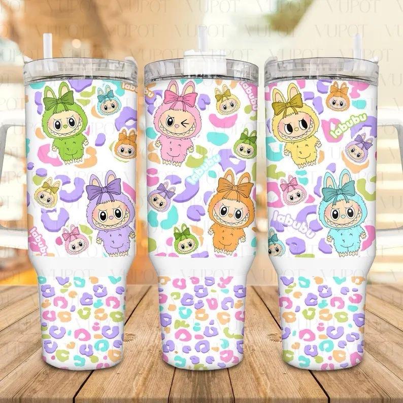 Kawaii Pastel Critters Tumbler 40oz Stainless Steel Rainbow Animal Hoodie Edition with Leopard Print BPA-Free Insulated Drinkware