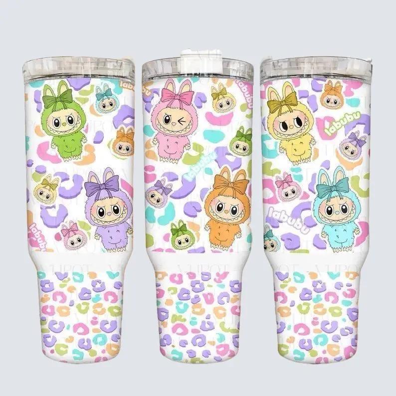 Kawaii Pastel Critters Tumbler 40oz Stainless Steel Rainbow Animal Hoodie Edition with Leopard Print BPA-Free Insulated Drinkware