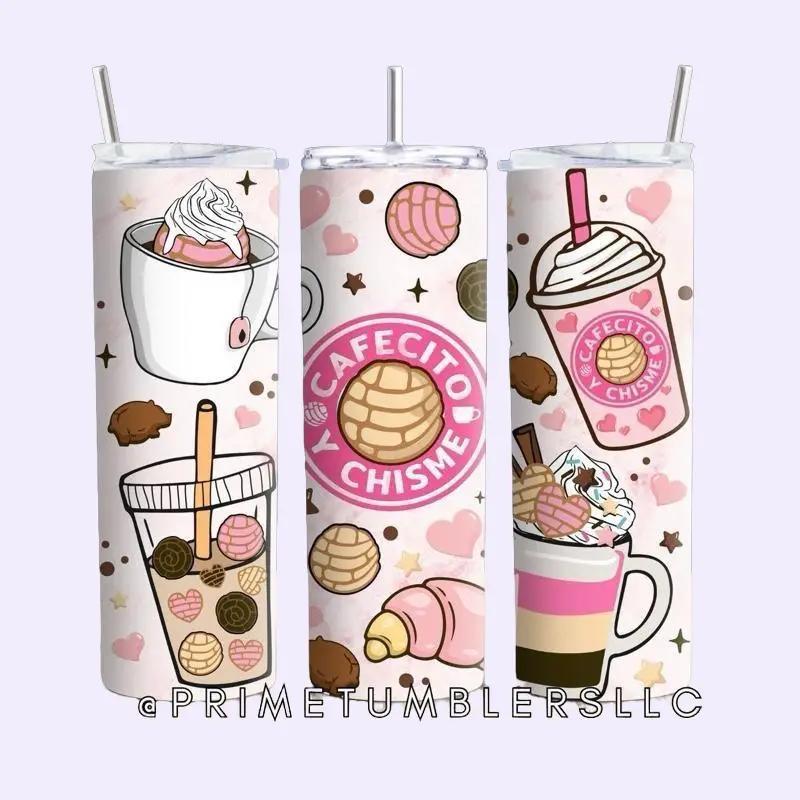 Cafecito & Chisme Tumbler 20oz Stainless Steel Cup with Pan Dulce & Coffee Art Double-Wall Insulated Mug with Clear Lid & Reusable Straw Perfect for Travel & Gifting