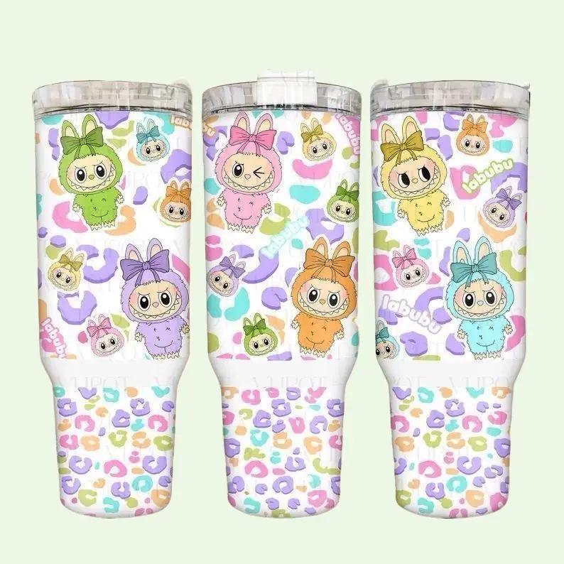 Kawaii Pastel Critters Tumbler 40oz Stainless Steel Rainbow Animal Hoodie Edition with Leopard Print BPA-Free Insulated Drinkware