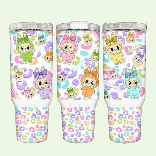 Kawaii Pastel Critters Tumbler 40oz Stainless Steel Rainbow Animal Hoodie Edition with Leopard Print BPA-Free Insulated Drinkware