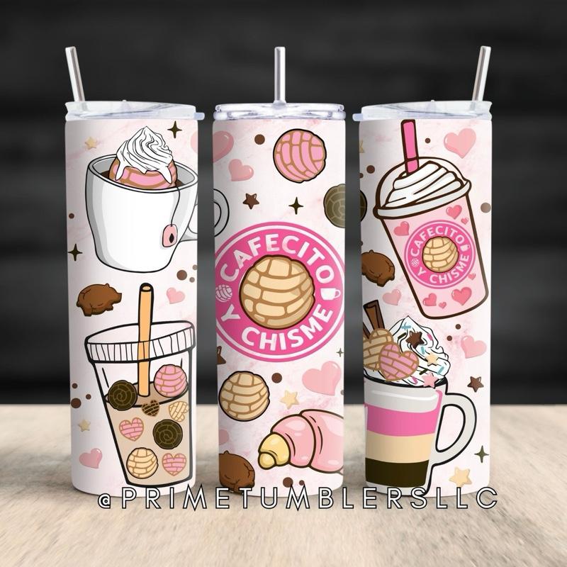 Cafecito & Chisme Tumbler 20oz Stainless Steel Cup with Pan Dulce & Coffee Art Double-Wall Insulated Mug with Clear Lid & Reusable Straw Perfect for Travel & Gifting