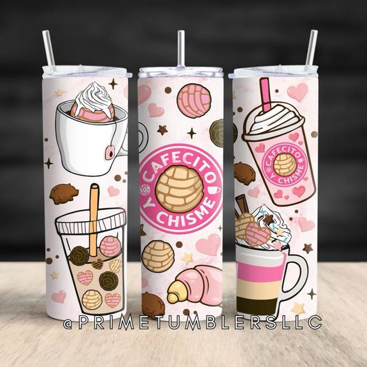 Cafecito & Chisme Tumbler 20oz Stainless Steel Cup with Pan Dulce & Coffee Art Double-Wall Insulated Mug with Clear Lid & Reusable Straw Perfect for Travel & Gifting