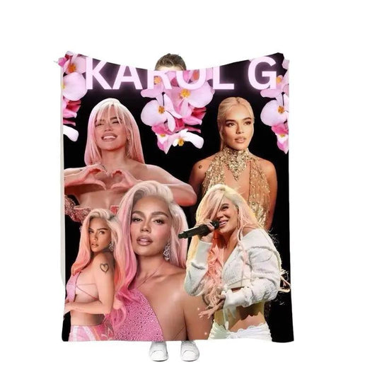 Cobija Karol G Edizione Fan Soft and Stylish Pink Design Featuring Iconic Images and Floral Accents