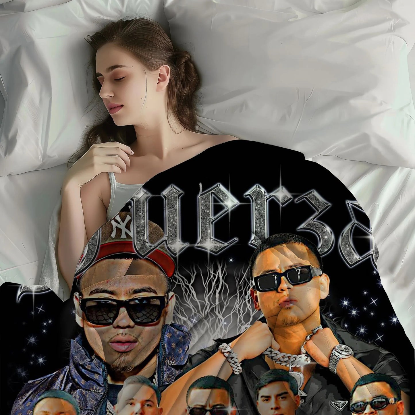 American regional Mexican band Fuerza Regida soft throw Blanket Cobija singer Jesús Ortíz Paz, Samuel Jáimez, Khrystian Ramos, José "Pelón" García, and Moisés López
