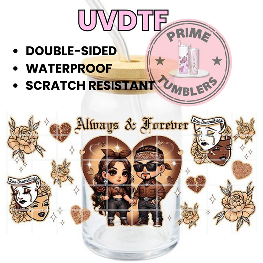 Always & Forever brown 16oz UVDTF cup wrap, ready to apply STICKERS couple love