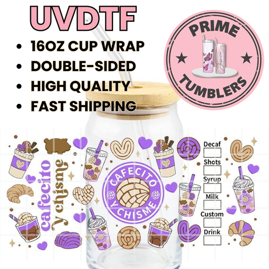 Cafecito y Chisme purple Ready-to-press UVDTF Transfers, Cup wrap decals, Tumbler prints, 16oz Libbey Glass UV STICKERS conchas coffee