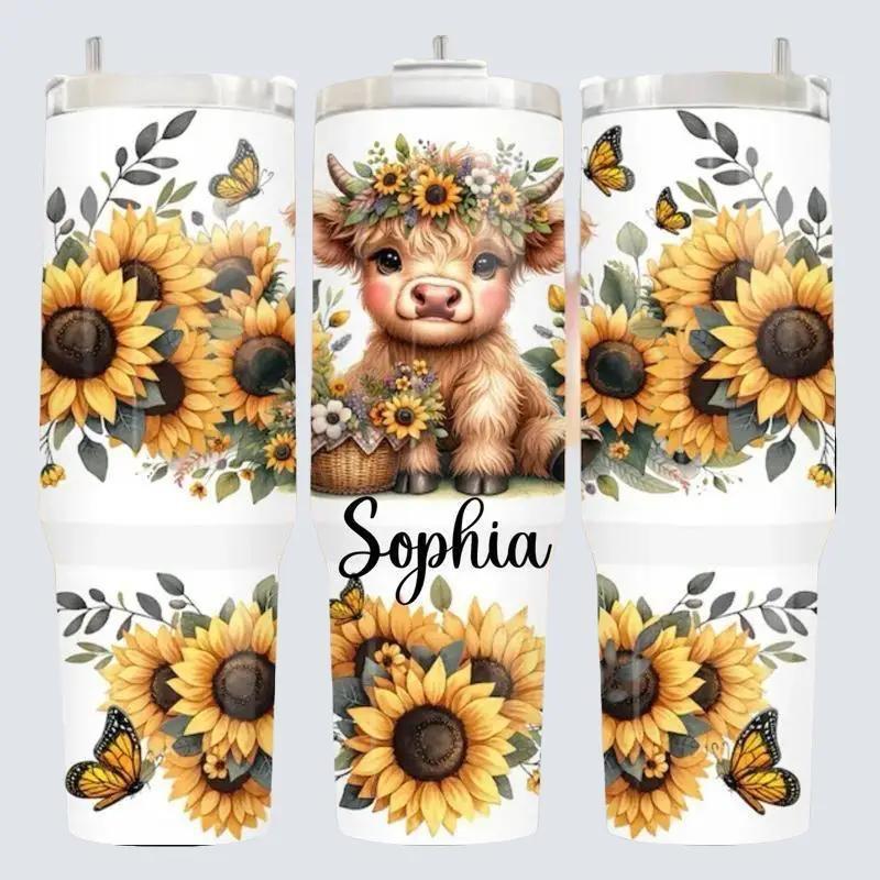 Personalized Custom Name Cow Tumbler Sunflower & Butterfly 40oz Mug with Name Sophia Design