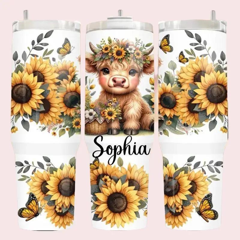 Personalized Custom Name Cow Tumbler Sunflower & Butterfly 40oz Mug with Name Sophia Design