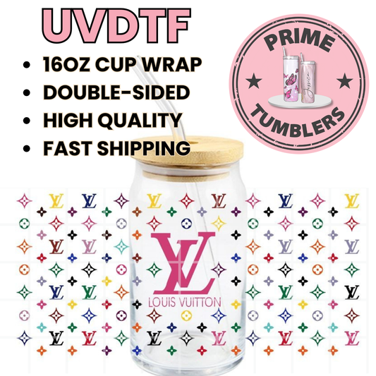 Colorful LV Ready-to-press UVDTF Transfers, Cup wrap decals, Tumbler prints, 16oz Libbey Glass UV STICKERS designer