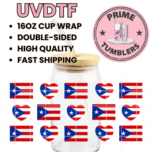 MPuerto RICO flag hearts 16oz UVDTF cup wrap, ready to apply STICKERS