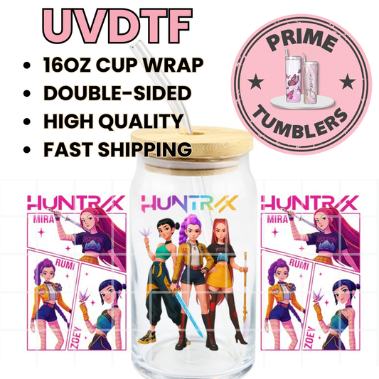 K-pop HUNTR/X animated KPop Demon Hunters Mira, Rumi, and Zoey Ready-to-press UVDTF Transfers, Cup wrap decals, Tumbler prints, 16oz Libbey Glass UV STICKERS pink