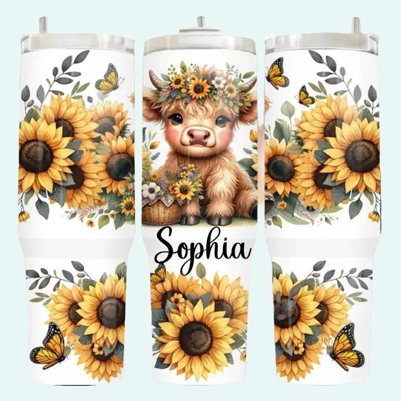 Personalized Custom Name Cow Tumbler Sunflower & Butterfly 40oz Mug with Name Sophia Design