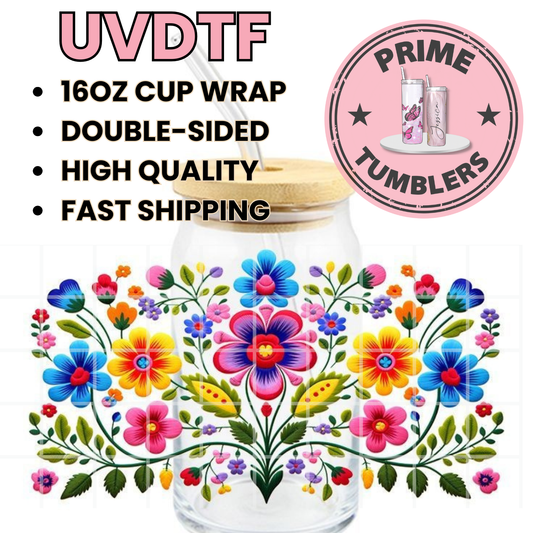 Embroidery FLOWERS floral 16oz Libbey Glass Cup Wrap UVDTF, Ready to apply decal STICKERS cartoon Kawaii