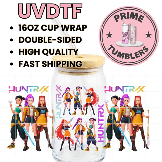 K-pop HUNTR/X animated KPop Demon Hunters Mira, Rumi, and Zoey Ready-to-press UVDTF Transfers, Cup wrap decals, Tumbler prints, 16oz Libbey Glass UV STICKERS purple