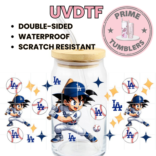 LA Dodgers Los Angeles Dragon Ball Z Goku Anime Ready-to-press UVDTF Transfers, Cup wrap decals, Tumbler prints, 16oz Libbey Glass UV STICKERS Baseball