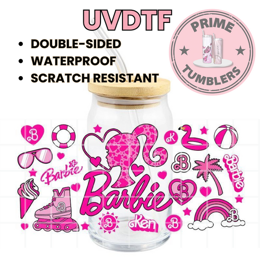 Barbie KEN pink 16oz Libbey Glass Cup Wrap UVDTF, Ready to apply decal STICKERS rainbow, beach ball, flamingo floatie and palm tree