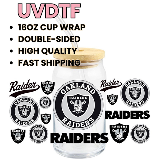 RAIDERS Football Oakland R 16oz UVDTF cup wrap, ready to apply STICKERS black