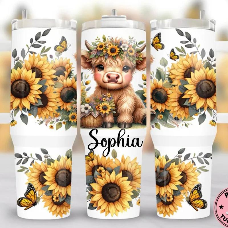 Personalized Custom Name Cow Tumbler Sunflower & Butterfly 40oz Mug with Name Sophia Design