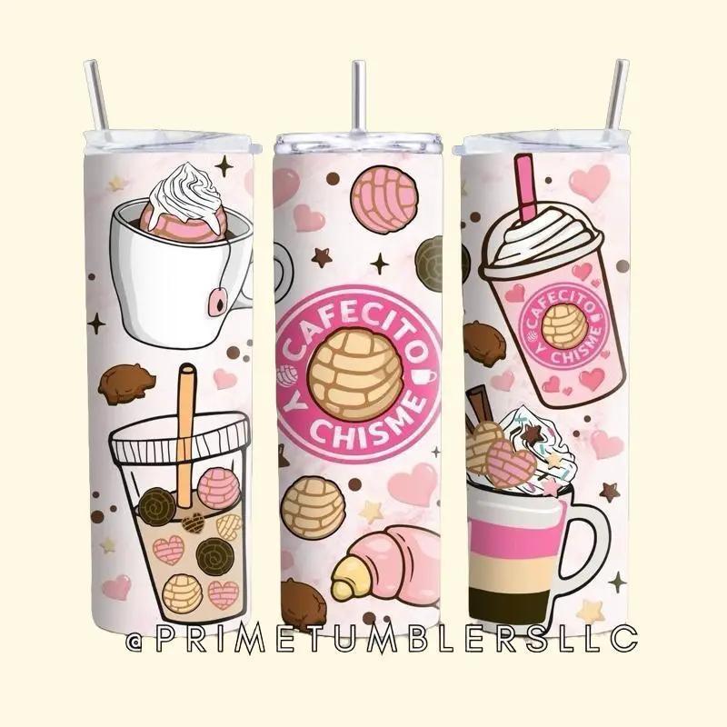 Cafecito & Chisme Tumbler 20oz Stainless Steel Cup with Pan Dulce & Coffee Art Double-Wall Insulated Mug with Clear Lid & Reusable Straw Perfect for Travel & Gifting