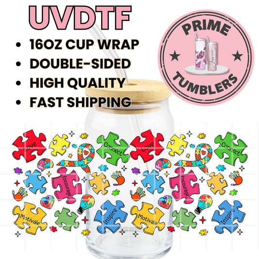 Autism AWARENESS puzzle pieces 16oz UVDTF cup wrap, ready to apply STICKERS