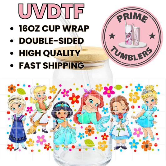 Baby Princesses 16oz Libbey Glass Cup Wrap UVDTF, Ready to apply decal STICKERS Princess Elsa, Cinderella maid, Jasmine, Ariel, Belle, Cinderella ball gown