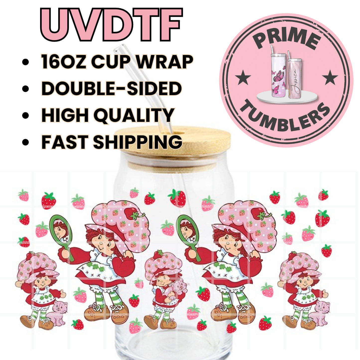 Strawberry Shortcake mirror 16oz Libbey Glass Cup Wrap UVDTF, Ready to apply decal STICKERS strawberries pink red
